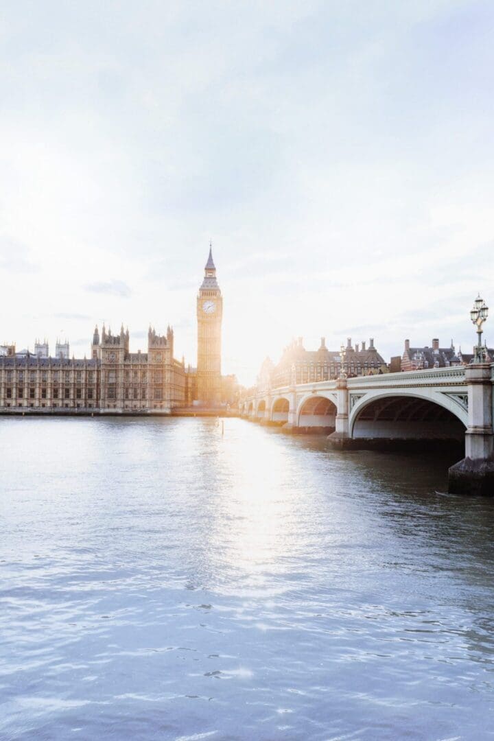 Big Ben and Westminster Bridge at sunset.