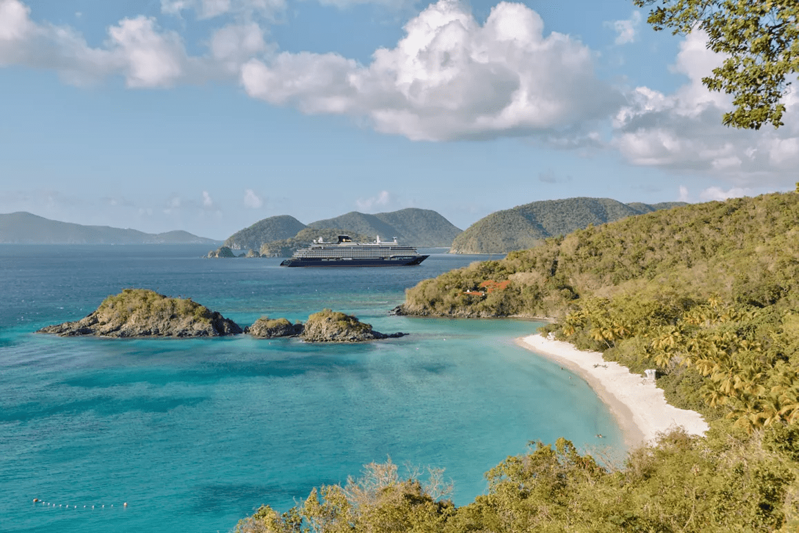 Cruise ship near tropical island coastline.