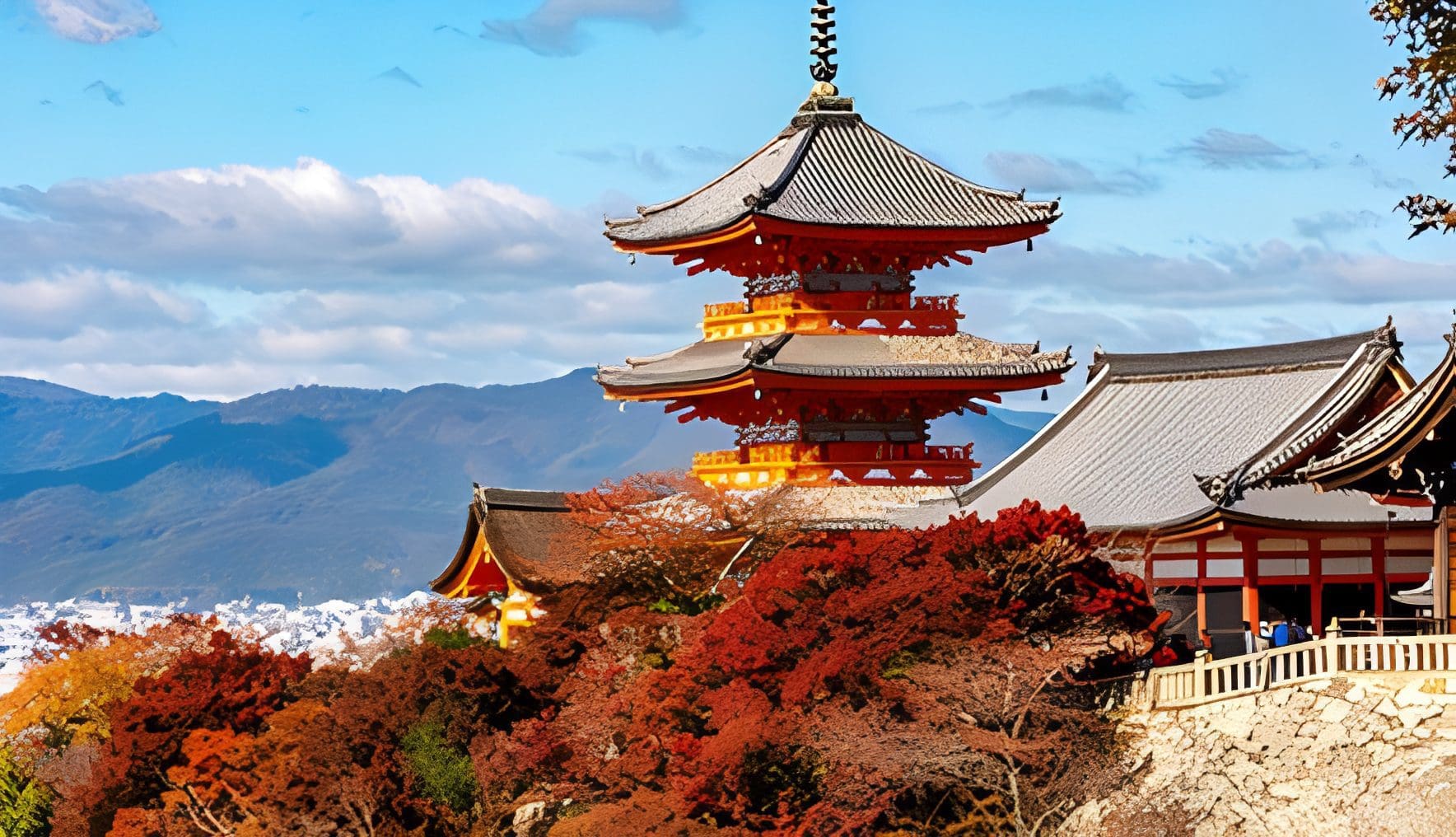 Japanese temple surrounded by autumn foliage.