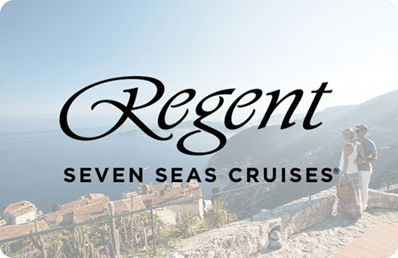Logo of Regent Seven Seas Cruises with an aerial view of a coastal city.