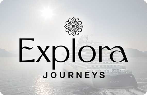 Logo of Explore Journeys with a sunlit ocean background.