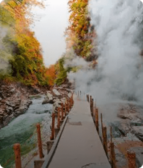 Steamy path through vibrant autumn forest.